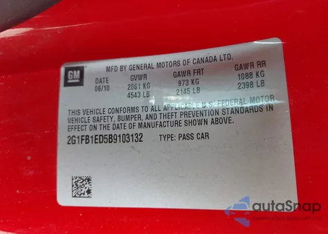 2011 Chevrolet Camaro 1Lt from USA, damaged, VIN 2G1FB1ED5B9103132